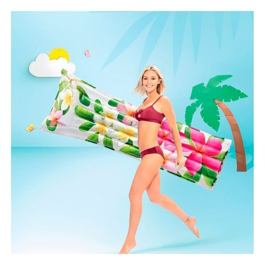 COLCHONETA INFLABLE HOGAR CASA DECORACION FESTIVO ROSADO VERDE FLORES HOJAS