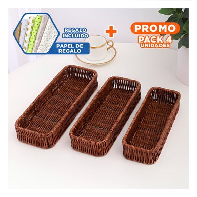 PACK4 BANDEJA ORGANIZADORA TEJIDA MULTIUSO RECTANGULAR MARRON PARA ESPACIOS Y+PAPEL REGALO
