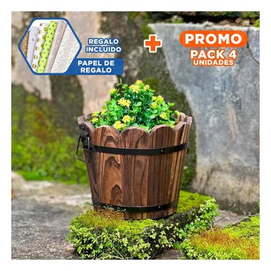 PACK4 PORTAMACETAS DECORATIVO DE MADERA ESTILO BARRIL MARRON Y+PAPEL REGALO
