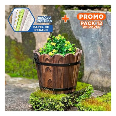 PACK12 MACETA ARTESANAL DE MADERA TIPO BARRIL CON BORDE ONDEADO MARRON Y+PAPEL REGALO