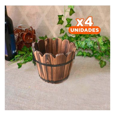 PACK4 CONTENEDOR DE MADERA RUSTICO TIPO BARRIL CON BORDE ONDULADO PARA DECORACION MARRON