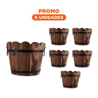 PACK6 JARDINERA RUSTICA DE MADERA TIPO BARRIL CON BORDE ONDEADO MARRON