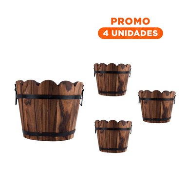 PACK4 MACETA RUSTICA DE MADERA TIPO BARRIL CON BORDE ONDEADO MARRON Y+REGALO STICKER