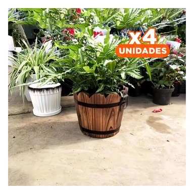 PACK4 CONTENEDOR DECORATIVO DE MADERA TIPO BARRIL CON BORDE ONDEADO MARRON