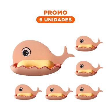 PACK6 CONTENEDOR BALLENA PORTA JABON LIGERO PARA ESPACIOS PEQUENOS ROSADO Y+PAPEL REGALO