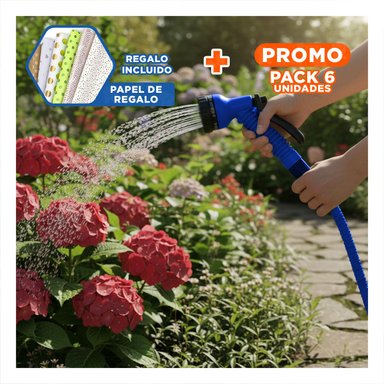 PACK6 ACCESORIO DE RIEGO EXPANDIBLE DE 60 METROS FLEXIBLE PARA EXTERIOR AZUL Y+PAPEL REGALO