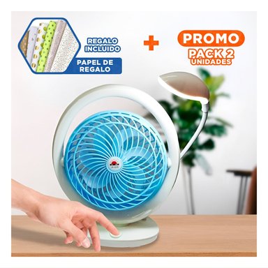 PACK2 REFRESCADOR RECARGABLE CON LAMPARA DE MESA 3 VELOCIDADES COLOR CELESTE Y+PAPEL REGALO