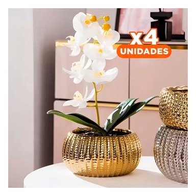 PACK4 ORNAMENTAL CUENCO CERAMICA DORADO ACANALADO PARA SALA Y JARDIN - 1