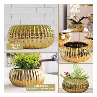 PACK4 ACABADO CUENCO CERAMICA DORADO ACANALADO PARA PLANTAS SALA Y+REGALO STICKER - 2