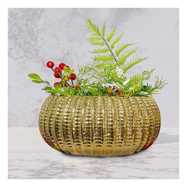 PACK4 ACABADO CUENCO CERAMICA DORADO ACANALADO PARA PLANTAS SALA Y+REGALO STICKER - 3