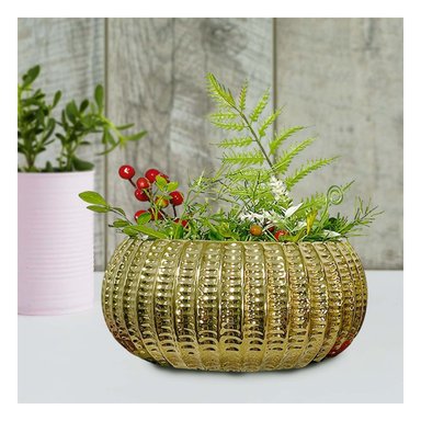 PACK2 PLANTAS CUENCO CERAMICA DORADO ACANALADO PARA COMEDOR Y JARDIN - 5