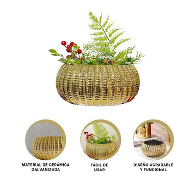 MESA CUENCO CERAMICA DORADO ACANALADO PARA PLANTAS Y SALA - 3
