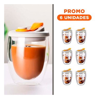 PACK6 TERMO PRACTICO DE VIDRIO DOBLE CON TAPA DE SILICONA 350 ML - 1