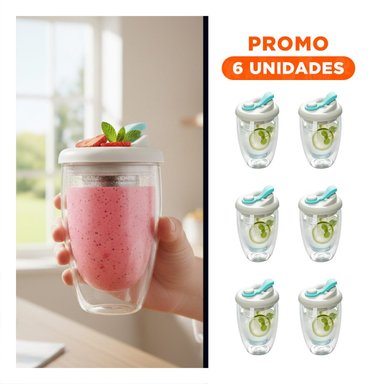 PACK6 TAZA ELEGANTE DE VIDRIO DOBLE 450 ML PLOMO Y CELESTE - 1
