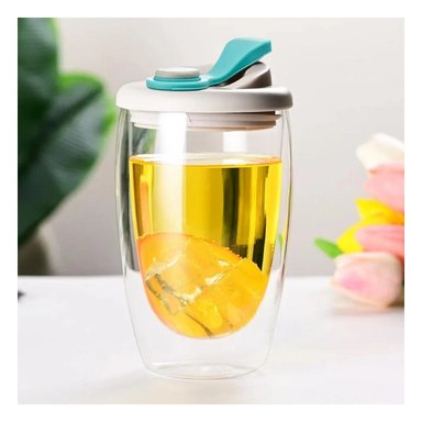 PACK6 TAZA ELEGANTE DE VIDRIO DOBLE 450 ML PLOMO Y CELESTE - 3