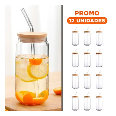 PACK12 FRASCO PRACTICO DE VIDRIO 500ML CON TAPA Y SORBETE Y+REGALO STICKER - 1