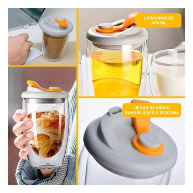 PACK2 MUG DOBLE PARED DE VIDRIO CON TAPA DE SILICONA 450 ML Y+PAPEL REGALO - 3