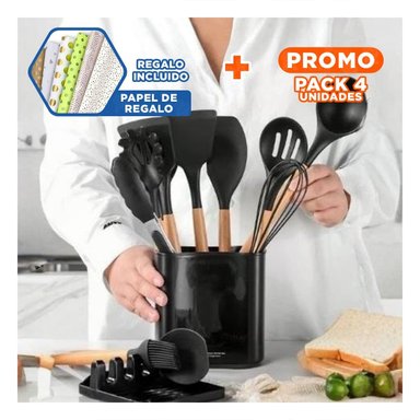 PACK4 SET MULTIUSO DE COLOR NEGRO DE 11 CUCHARONES SILICONA CON BASE Y+PAPEL REGALO - 1