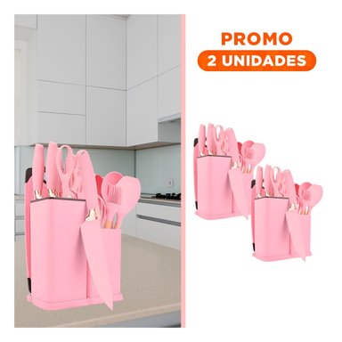 PACK2 SET COCINA INTEGRAL ACABADO ROSADO CON 18 PIEZAS Y TABLA INOXIDABLE - 1