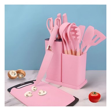 PACK2 SET COCINA INTEGRAL ACABADO ROSADO CON 18 PIEZAS Y TABLA INOXIDABLE - 2