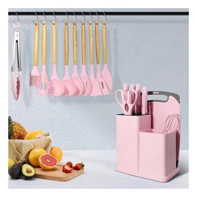 PACK2 SET COCINA INTEGRAL ACABADO ROSADO CON 18 PIEZAS Y TABLA INOXIDABLE - 5