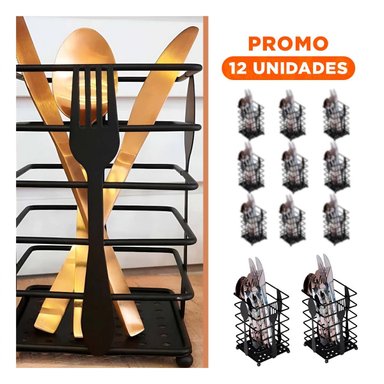 PACK12 CESTA PARA CUBIERTOS RECTANGULAR EN METAL NEGRO SOBRE MESA Y+REGALO STICKER - 1