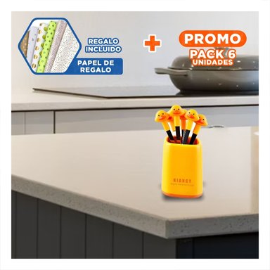 PACK6 CUBIERTO MINI CON PATO EN ACERO INOXIDABLE COLOR AMARILLO Y+PAPEL REGALO - 1
