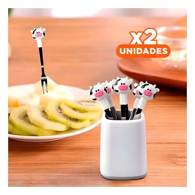 PACK2 TENEDOR MINI CON VACA EN COLOR BLANCO DE ACERO INOXIDABLE METALICO Y+REGALO STICKER - 1