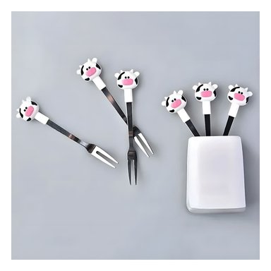 PACK2 TENEDOR MINI CON VACA EN COLOR BLANCO DE ACERO INOXIDABLE METALICO Y+REGALO STICKER - 5