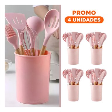 PACK4 CONJUNTO 12 PIEZAS DE UTENSILIOS EN SILICONA COLOR ROSADO PARA COCINA Y+REGALO STICKER - 1