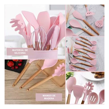 PACK4 CONJUNTO 12 PIEZAS DE UTENSILIOS EN SILICONA COLOR ROSADO PARA COCINA Y+REGALO STICKER - 2