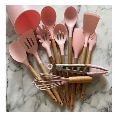 PACK4 CONJUNTO 12 PIEZAS DE UTENSILIOS EN SILICONA COLOR ROSADO PARA COCINA Y+REGALO STICKER - 3