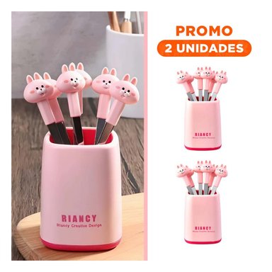 PACK2 TENEDOR MINI CON FIGURA DE CONEJO EN COLOR ROSADO ACERO INOXIDABLE - 1