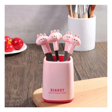 PACK2 TENEDOR MINI CON FIGURA DE CONEJO EN COLOR ROSADO ACERO INOXIDABLE - 2