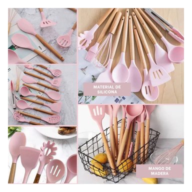 PACK6 CONJUNTO DE COCINA EN SILICONA COLOR ROSADO CON 12 PIEZAS PARA USO DIARIO Y+PAPEL REGALO - 3