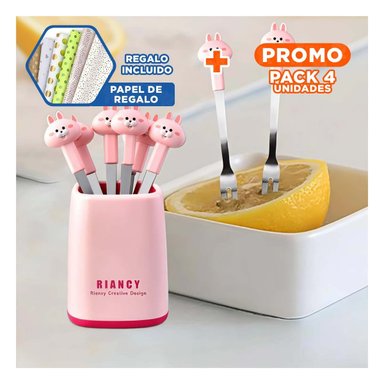 PACK12 UTENSILIO MINI DE ACERO INOXIDABLE METALICO CON CONEJO EN COLOR ROSADO Y+PAPEL REGALO - 1