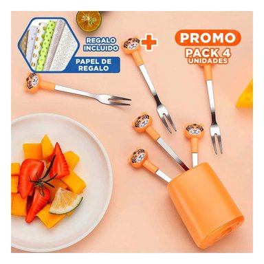 PACK4 TENEDOR MINI CON FORMA DE TIGRE EN METAL ACERO INOXIDABLE COLOR ANARANJADO Y+PAPEL REGALO - 1