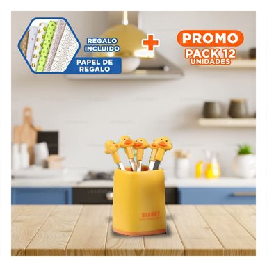 PACK12 UTENSILIO MINI DE ACERO INOXIDABLE METALICO CON PATO EN COLOR AMARILLO Y+PAPEL REGALO - 1