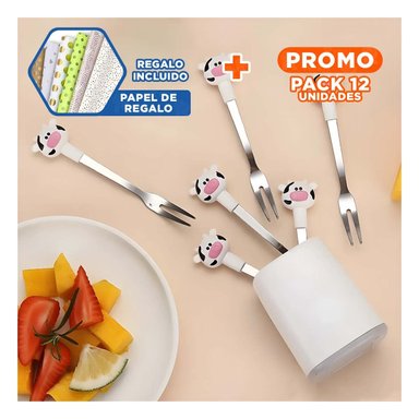 PACK12 UTENSILIO MINI DE ACERO INOXIDABLE METALICO CON VACA EN COLOR BLANCO Y+PAPEL REGALO - 1