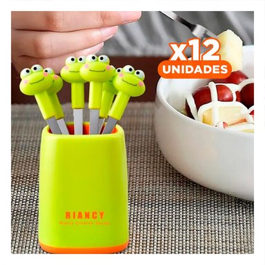 PACK12 CUBIERTO MINI CON FIGURA DE SAPO DE ACERO INOXIDABLE EN METAL COLOR VERDE LIMON - 1