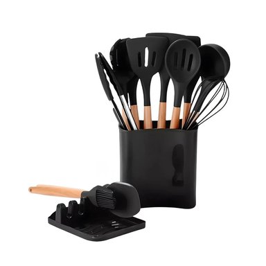 PACK6 JUEGO ANTIADHERENTE DE COLOR NEGRO 11 CUCHARONES SILICONA CON SOPORTE Y+REGALO STICKER - 2