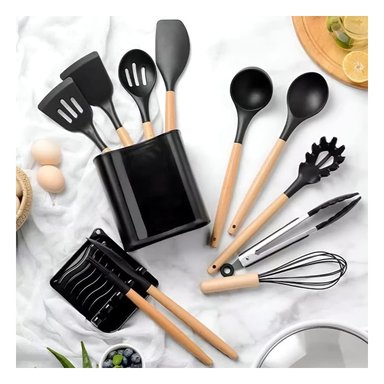 PACK6 JUEGO ANTIADHERENTE DE COLOR NEGRO 11 CUCHARONES SILICONA CON SOPORTE Y+REGALO STICKER - 3