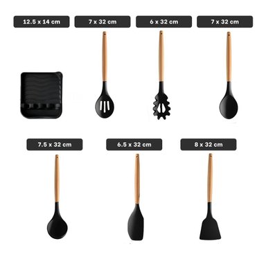 PACK6 JUEGO ANTIADHERENTE DE COLOR NEGRO 11 CUCHARONES SILICONA CON SOPORTE Y+REGALO STICKER - 4