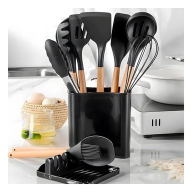 PACK6 JUEGO ANTIADHERENTE DE COLOR NEGRO 11 CUCHARONES SILICONA CON SOPORTE Y+REGALO STICKER - 5