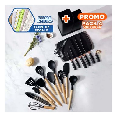 PACK4 SET NEGRO COCINA PROFESIONAL INTEGRA 18 PIEZAS DE ACERO INOXIDABLE Y+PAPEL REGALO - 1