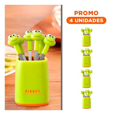 PACK4 CUBIERTO MINI COLOR VERDE LIMON EN METAL DE ACERO INOXIDABLE CON SAPO Y+REGALO STICKER - 1