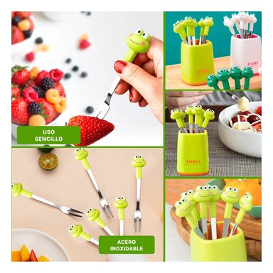 PACK4 CUBIERTO MINI COLOR VERDE LIMON EN METAL DE ACERO INOXIDABLE CON SAPO Y+REGALO STICKER - 2