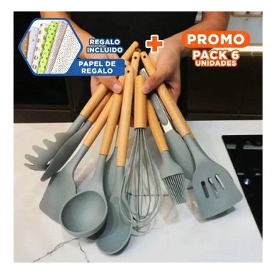 PACK6 CONJUNTO DE COCINA EN SILICONA COLOR GRIS CON 12 PIEZAS PARA USO DIARIO Y+PAPEL REGALO - 1