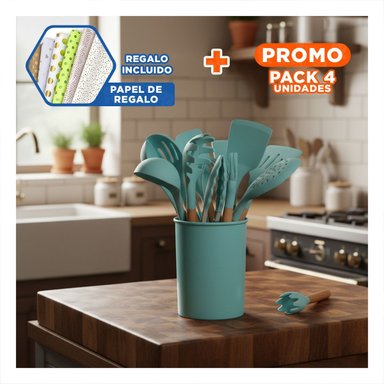 PACK4 SET PRACTICO DE COCINA COLOR VERDE CON 12 PIEZAS EN SILICONA FLEXIBLE Y+PAPEL REGALO - 1