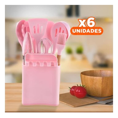 PACK6 JUEGO ANTIADHERENTE DE COLOR ROSADO 11 CUCHARONES SILICONA CON SOPORTE Y+REGALO STICKER - 1